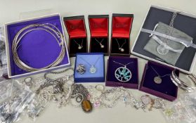 ASSORTED SILVER JEWELLERY, including several fringe bracelets, a Waterford cut-glass pendant, mostly