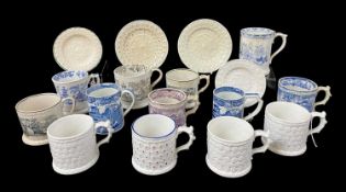 GROUP OF 19TH CENTURY WELSH POTTERY MUGS including two ‘frog’ mugs, four daisy moulded mugs with