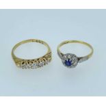 TWO ANTIQUE 18CT GOLD RINGS, comprising sapphire and diamond cluster ring of good colour, and 5-