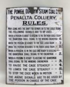 THE POWELL DYFFRYN STEAM COAL CO. LTD PENALLTA COLLIERY RULES METAL & ENAMEL SIGN, stating the rules