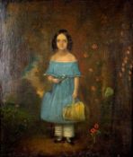 19TH CENTURY EUROPEAN SCHOOL oil on canvas - naive portrait of a young girl in blue dress carrying