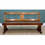 PITCH PINE TRAM BENCH or CHAPEL PEW, with swing back and double-plank seat, with trestle ends, 160cm