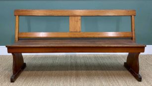 PITCH PINE TRAM BENCH or CHAPEL PEW, with swing back and double-plank seat, with trestle ends, 160cm