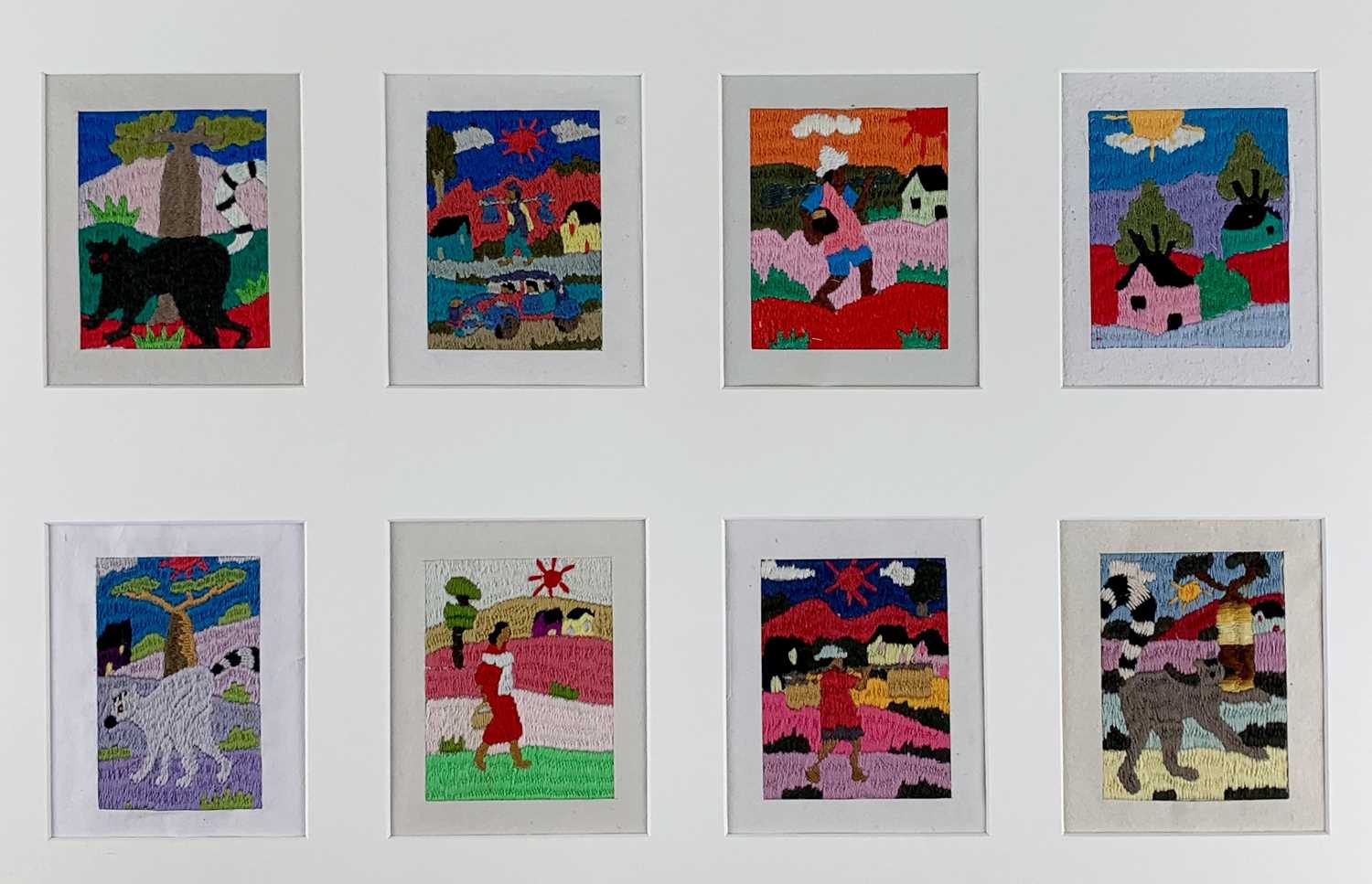 COLLECTION OF SIX MOUNTED ARTWORKS to include 2 x coloured woolwork / cotton panels, 2 x South - Image 2 of 7