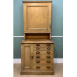 VICTORIAN SCUMBLED PINE CUPBOARD, shallow cupboard upper section with painted interior, on a base