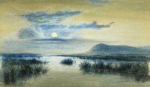 HENRY ALBERT HARTLAND (Irish, 1840-1893) watercolour - moonlit view over marshland with distant