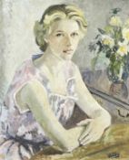 ‡ GLADYS VASEY (British, 1889-1981) oil on board - female and flowers, 'A Fair Girl', signed, 56 x