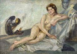 ‡ RAY HOWARD JONES (Welsh, 1903-1996) oil on board - reclining nude in an artist's studio, signed