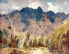 DOUGLAS BADCOCK (New Zealand, 1922-2009) oil on board - entitled verso 'The Remarkables From