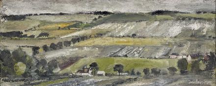 ‡ JOHN KNAPP-FISHER oil on board - expansive view across valley with farm buildings and fields,