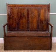 EARLY 19TH CENTURY OAK BOX SETTLE, with four panelled back and hinged seat, 132w x 47d x 130cms h