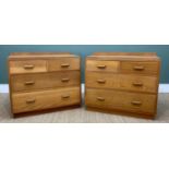 PAIR MID-CENTURY GOLDEN OAK FOUR-DRAWER CHESTS, with raised backs and plinth bases, 92w x 45d x
