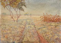 SOUTH AFRICAN SCHOOL oil on linen laid to board - parched grassland with trees and shrubs,