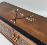 Cites SOLID EBONISED MAHOGANY, IVORY & EBONY INLAID TABLE CABINET, probably American, "stars and