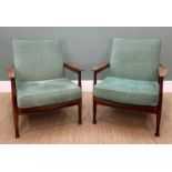 PAIR MID-CENTURY STAINED TEAK EASY ARMCHAIRS, with sage green upholstered cushions and reclining