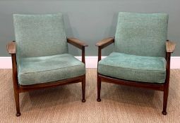 PAIR MID-CENTURY STAINED TEAK EASY ARMCHAIRS, with sage green upholstered cushions and reclining