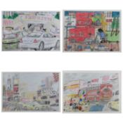 CONTEMPORARY SOUTH AFRICAN SCHOOL coloured pencil x 4 - busy street scenes with vehicles and