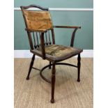 EDWARDIAN ARTS & CRAFTS ARMCHAIR, bulbous spindle back and and arched cresting rail, velvet