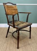 EDWARDIAN ARTS & CRAFTS ARMCHAIR, bulbous spindle back and and arched cresting rail, velvet