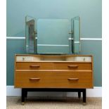 MID-CENTURY G-PLAN GOLDEN OAK 'LIBRENZA' DRESSING TABLE, c. 1960s, with triple mirror, swing-out