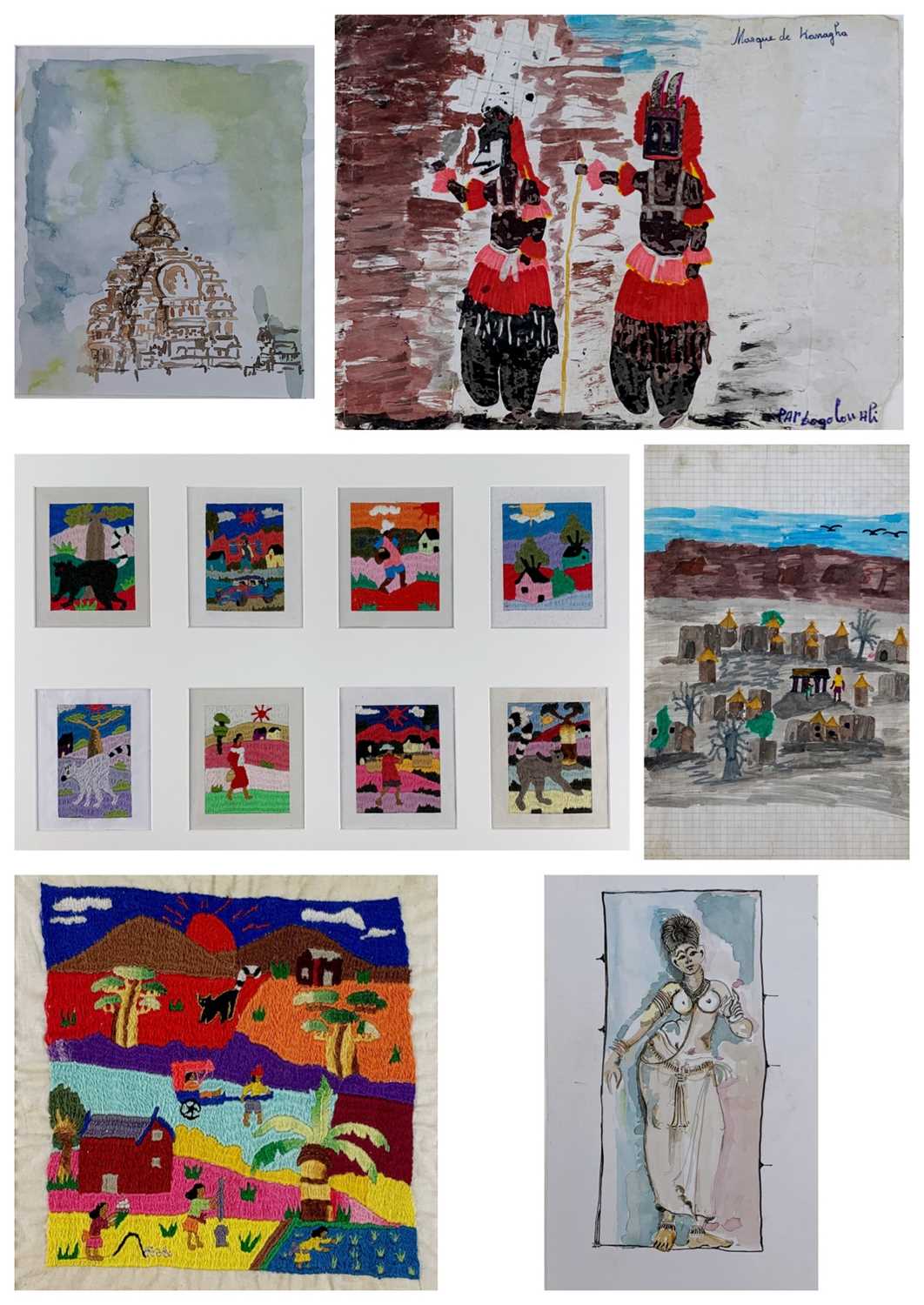 COLLECTION OF SIX MOUNTED ARTWORKS to include 2 x coloured woolwork / cotton panels, 2 x South