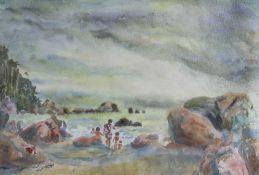‡ BIM GIARDELLI watercolour - rocky beach scene with mother and children paddling, signed, 37 x