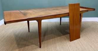 MID-CENTURY A. YOUNGER TEAK EXTENDING DINING TABLE, c. 1968, with 2 extra leaves, tebale ends