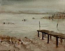 A. RIPLEY watercolour - 'St Lucia', wooden jetty with boats, signed, 30 x 37cms Comments: mounted