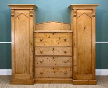 LATE VICTORIAN PINE COMPACTIUM, pair wardrobes flanking 4-drawer chest, 228 W x 61 D x 203 H cms