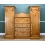 LATE VICTORIAN PINE COMPACTIUM, pair wardrobes flanking 4-drawer chest, 228 W x 61 D x 203 H cms