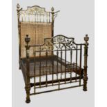 GOOD VICTORIAN GILT BRASS HALF TESTER BED, with mother of pearl detailing to the foliate head and