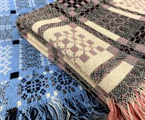 TWO VINTAGE WELSH TAPESTRY BLANKETS, of geometric reversible design, various colourways, both