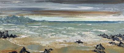 ‡ CHARLES WYATT WARREN (Welsh, 1908-1993) oil on board - coastal scene, entitled verso 'Beach Near