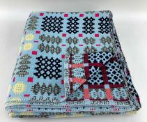 VINTAGE WELSH TAPESTRY 'CAERNARFON' BLANKET, of geometric reversible design, sky blue ground with