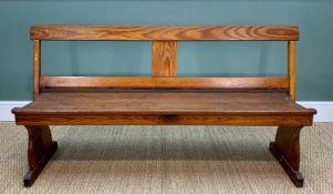 PITCH PINE TRAM BENCH or CHAPEL PEW, with swing back and double-plank seat, trestle ends, 160cm L