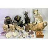 COMPOSITE FIGURES - Egyptian cats (2), 36.5cms and 21cms H, two painted plaster Egyptian busts,