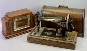 ART DECO WALNUT MANTEL CLOCK - inlaid and with stepped top, rectangular dial with silver chapter