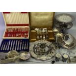 EPNS WARE, CASED CUTLERY ETC - to include covered entree dish, pierced edge bread tray, cake tazzas,