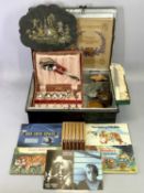 VINTAGE TIN BOX - 12.5cms H, 40cms W, 30cms D, containing cutlery, three albums of Brooke Bond tea