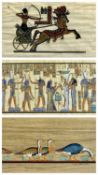 EGYPTIAN PAPYRUS PICTURES (3) - 20th century - Rameses in chariot, 20.5 x 30.5cms, Ducks, 32 x 80cms