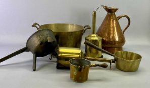 19TH CENTURY METALWARE, A COLLECTION - including a heavy circular brass two-handled skillet, 30.5cms