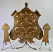 ART NOUVEAU COPPER FIRESCREEN, the shaped copper panel hammered and with stylised floral motifs,