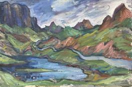 HELEN M STEINTHAL (British 1911 - 1991) double sided oil on board - landscape of valley with river