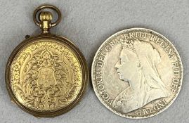 LADY'S VINTAGE YELLOW METAL FOB WATCH, 1894 Victoria crown in an EPNS oval box embossed with angelic