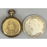 LADY'S VINTAGE YELLOW METAL FOB WATCH, 1894 Victoria crown in an EPNS oval box embossed with angelic