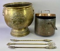 AMENDED DESCRIPTION; LARGE CIRCULAR DUTCH BRASS LOG BIN with lion mask ring handles and embossed