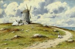 WARREN WILLIAMS ARCA (British 1863 - 1941) watercolour - windmill and cottage with figures on path