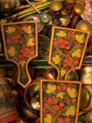 RUSSIAN LACQUERED WARE - 20th century, a large collection of floral decorated boxes, spoons, pots,