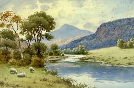 WARREN WILLIAMS ARCA (British 1863 - 1941) watercolour - mountainous river with sheep to side,
