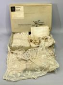 ANTIQUE LACE & LINEN including a long border, 16cms W, various collars, table coverings, ETC